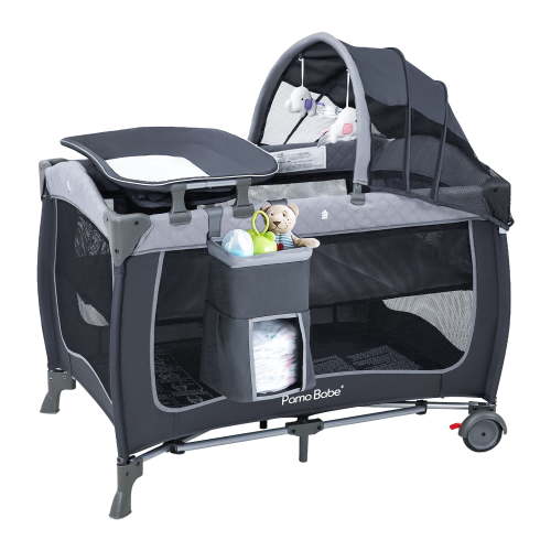 Pamo Babe Baby Playard with Bassinet, Portable Pack and Play Wheels, Canopy, Changing Table for Newborn(Grey)