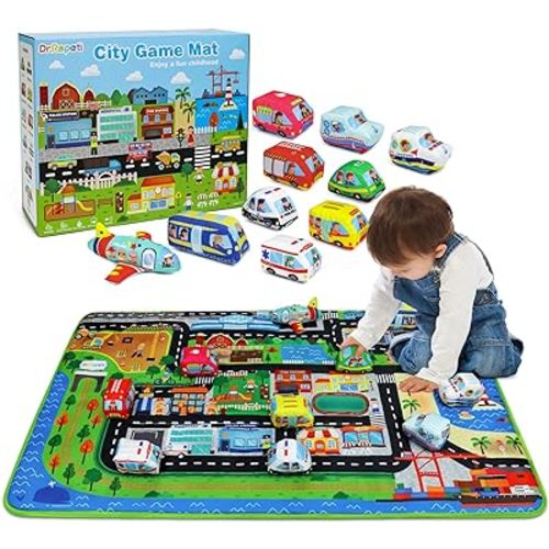 Dr.Rapeti Soft Toy Car Set for Babies Infants Toddlers Kids 1 Oversize Play Mat 10 Soft Toy Cars 47x30inches Washable Non-Toxic