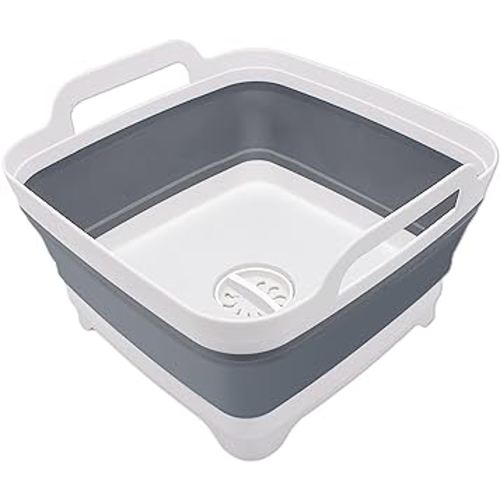 Goderewild 2.4 Gal(9L) Collapsible Dish Basin with Drain Plug, Space Saving Outdoor Multiuse Foldable Sink Tub, Dishpan, Kitchen Storage Tray for Camping, Vegetable Washing, RV