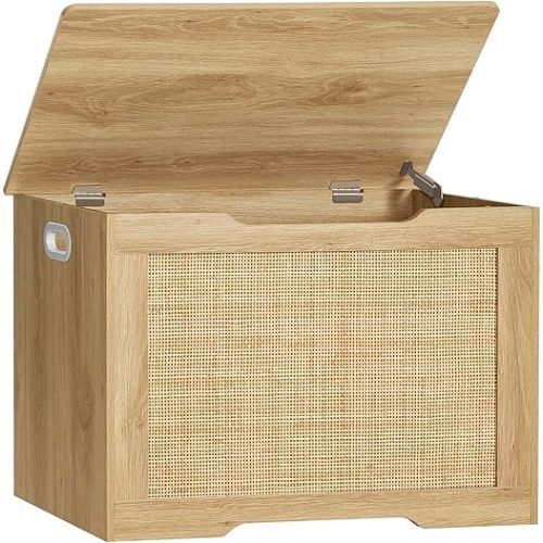 usikey 29.5” Storage Chest, Storage Bench with Storage, Toy Box with 2 Safety Hinges, Toy Chest for Bedroom, Shoe Bench, Supports 220 lb, for Living Room, Entryway, Natural