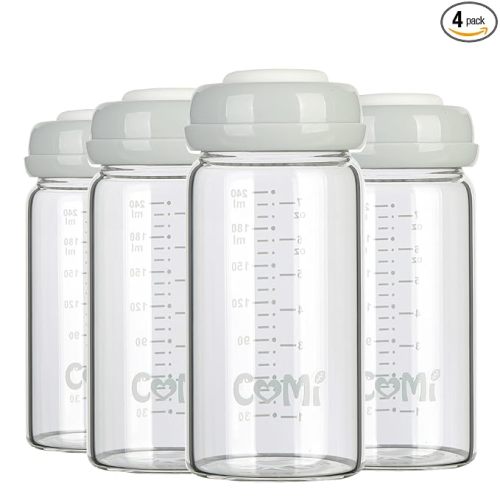 COMI Wide Neck Glass Breastmilk Collection n Storage Bottle, 8oz with Screw Ring Sealing Disk; Re-markable Sealing Disc. BPA Free, Fits Breast Pumps & Nipples (4 Gray Lids)