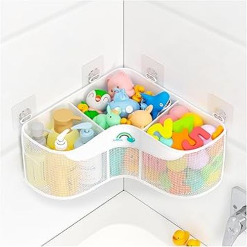 3-Compartment Corner Bath Toy Storage Organizer for Tub - Wide-Opening Mesh Kids Bath Toy Holder with Easy Sorting & Storage, Quick-Drying Machine-Washable Bathroom Organizer for Tidy Bathtub