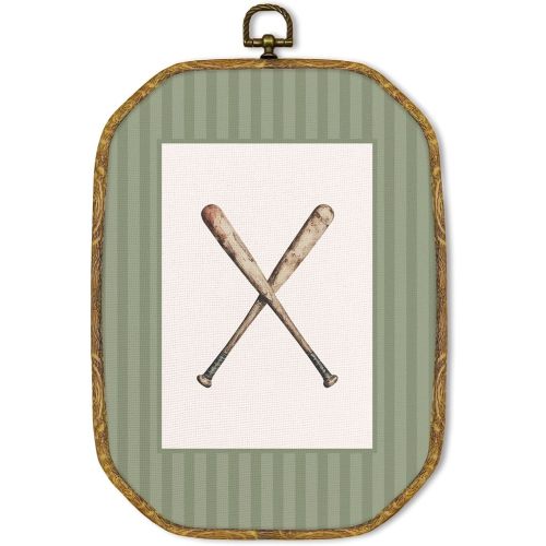 GUULIJEEMIY Vintage Baseball Sports Nursery Canvas Wall Art Decor, Kids Room Octagon Framed Wall Art Prints, Green Striped Baseball Bat Hanging Decor for Kids Boy Nursery Bedroom Playroom, 10.2x7 Inch