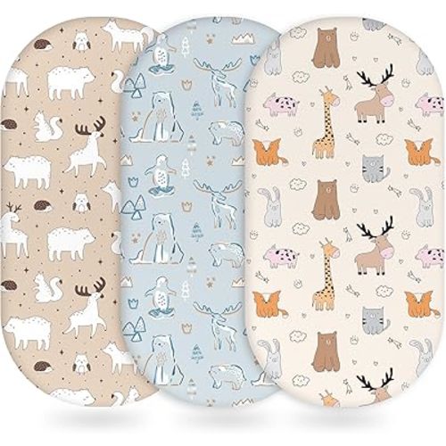 Baby Bassinet Sheets Girl Boy, Fitted Bassinet Sheet Set 3 Pack Bassinet Mattress Sheets Universal Fit for Rectangle, Round, Oval, Hourglass Mattress, Soft Breathable Blue & Apricot Bear