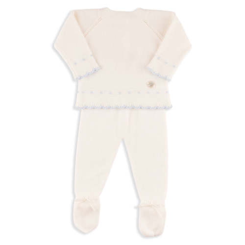 White Knit Set with Blue Trim