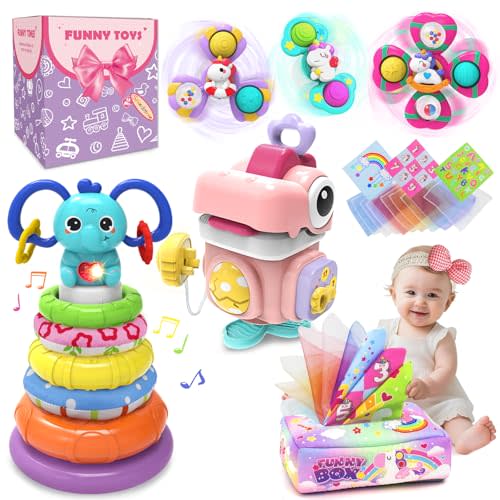 4 in 1 Baby Toys 6 to 12 Months,Learning Toys for Babies 6 12 18 Months, Infant Toys Stacking Rings,Busy Cube,Spinner Toys,Tissue Box Toy,Sensory Educational Gift for Toddlers Aged 1-3