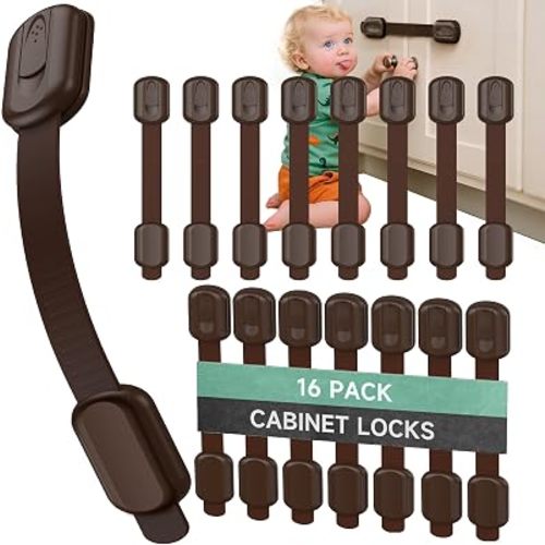 Infinno 16 Pack Cabinet Locks Baby Proofing Heavy Duty - Child Safety Cabinet Locks for Drawers, Cupboards & Fridge – No Drill 3M Adhesive Locks for Pets - Toddler Safety Latches-Brown