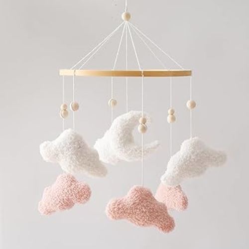 EERKEOD Baby Crib Mobile Bunny Nursery Mobile for Boys Girls Teddy Velvet Mobile Nursery Decor for Infant Bedroom Hanging Baby Mobile for Bassinet Newborn Baby Gift(Pink Clouds)