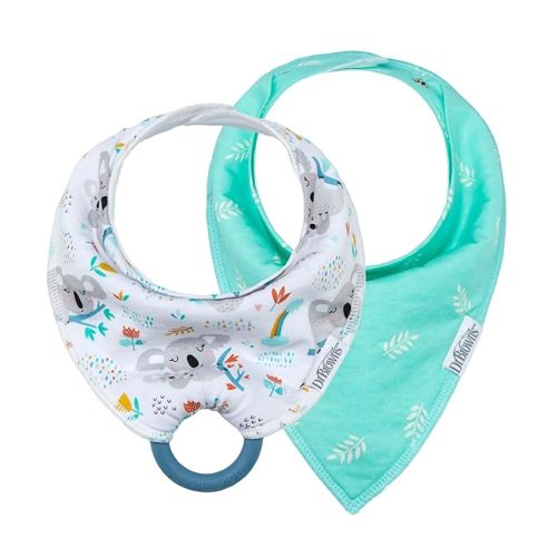 Dr. Brown's Bandana Bibs with Snap-On Removable Teether, Cotton Baby Bib with Soft Fleece Lining for Teething & Drooling, Koalas/Leaves, 2 Pack, 3m+