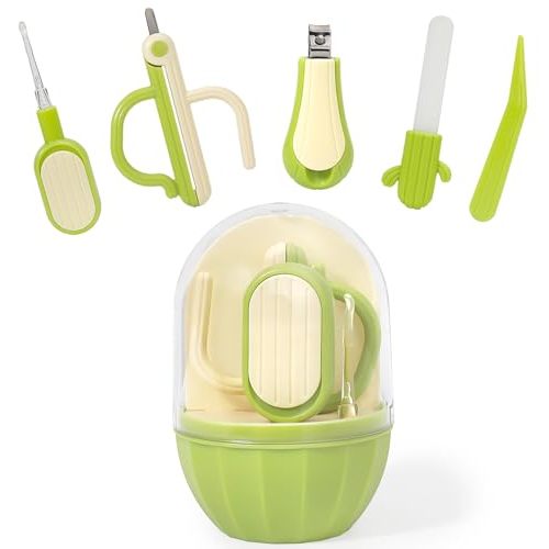 Soltdsp 5-in-1 Baby Nail Kit with Storage Case, Cactus Theme Design Including Baby Nail Clippers, Nail Scissors, Nail File, Tweezers & Nose Picker, Newborn Essentials Must Haves for Baby Shower(Green)