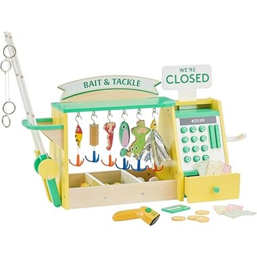 Teamson Kids Fishing Shop Playset with Cash Register & Scanner, Wooden Role Play Counter for Toddlers, Pretend Market Toy with Fish & Accessories, STEM Gift for Ages 3+