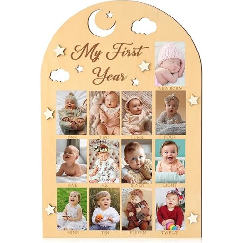 R HORSE My First Year Photo Frame Board - 3D Star Baby First Year Picture Frame 12 Months Milestone Photo Display Wood Board Baby Keepsake 1st Birthday Nursery Decor Gift for Boy Girl