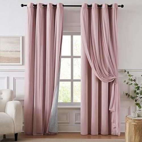 100% Blackout Curtains for Bedroom, Double Layer Pink Curtains, Black Out Curtain 96 inch Long with Sheer Overlay for Living Room, Room Darkening Window Drapes with Grommet, 52" W x 96" L