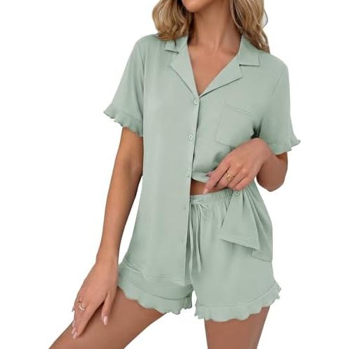 Ekouaer Pajamas Set for Women Button Down Pjs Lounge Sets Ruffle Short Sleeve Sleepwear Cute Loungewear