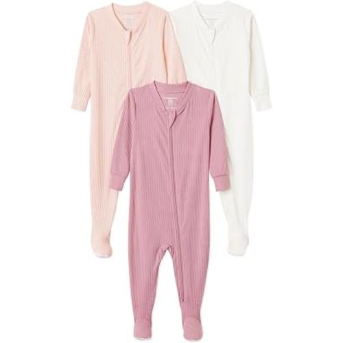 Amazon Essentials Unisex Babies' Ribbed Footed Pajamas, Pack of 3