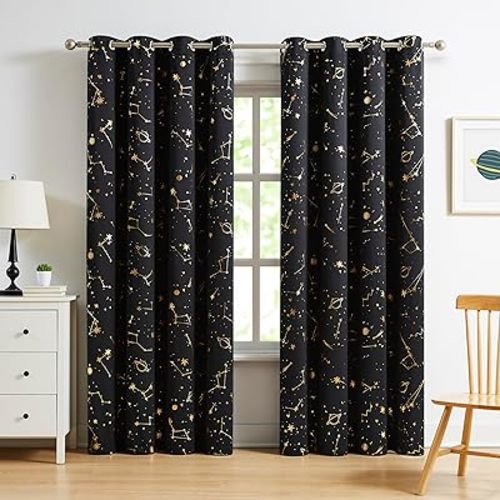 Black Stellar Metallic Blackout Grommet Curtains 52x90 2PC Kids
