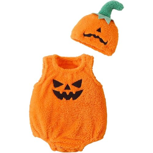 Newborn Baby Girl boy Halloween Costumes Sleeveless Pumpkin Fleece Romper Overalls Hat Halloween Outfit 0-18M