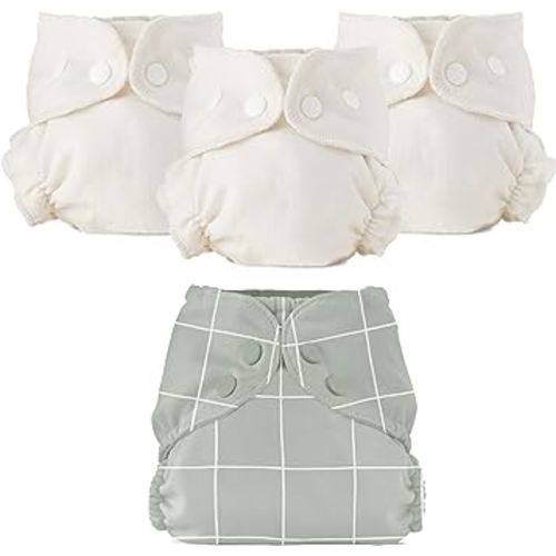 Esembly Cloth Diaper Bundle Set - 3 Organic Cotton Absorbent Inners and 1 Waterproof Outer Diaper Cover - Reusable, Washable, Snap Closure Cloth Diapers - Size 1 (7-17lbs), Lattice