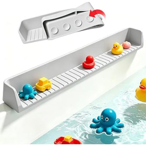 Bathtub Splash Guard with Strong Suction Cups, Silicone Splash Guard for Bathtub, Bath Toys Storage & Organizer Shelf for Kids, Flexible Water Guard for Bathroom Tub Edge and Kitchen Sinks Gray