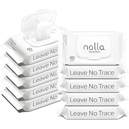 Nolla Flushable Wipes | 100% Plant-Based and Biodegradable - Soft, Unscented + Soothing Aloe and Vitamin E - For Adults and Kids 600 Count (10 Packs of 60)