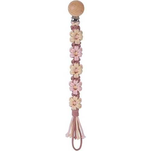 Pacifier Clip for Boys Girls Floral Daisy Macrame Baby Paci Clip Pacifier Holder Leash Boho Wooden Clips Handmade Braided Cotton Binky Clips (1pack:Caramel Style B)
