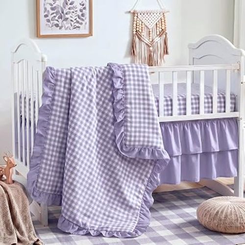 3 Pcs Purple Gingham Crib Bedding Set for Baby Girls & Boys