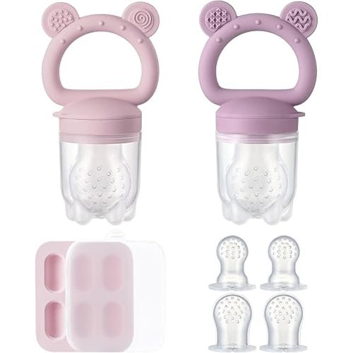 2 Pack Silicone Baby Fruit Feeder with Mini Freezer Tray, Breastmilk Popsicle Molds for Infant Teething Relief, Baby Teethers, Fresh Food Feeder for Safe Infant Self Feeding - Purple