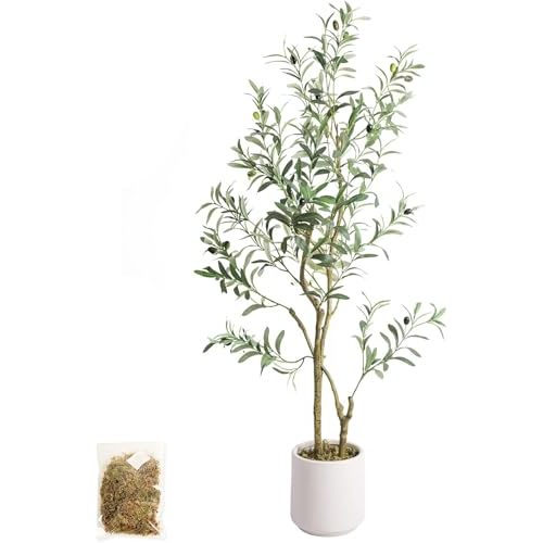 Fake Olive Tree 4FT Tall 1Pack with White Planter for Home Decor | Faux Olive Tree with Natural Olive Branches and Realistic Leaves for Living Room Office Decor