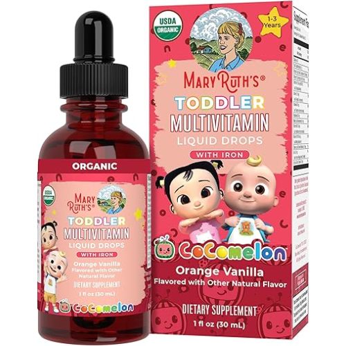 MaryRuth Organics CoComelon Toddler Kids Multivitamin with Iron | Immune Support | Toddler Vitamins | USDA Organic | Sugar Free | Multivitamin Liquid Drops for Kids Ages 1-3 | Vegan | 1 Fl Oz
