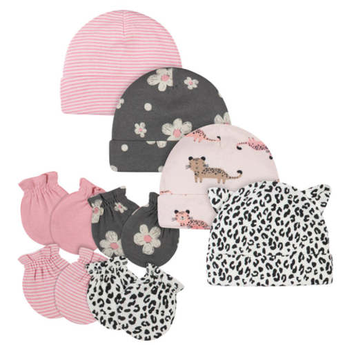 8-Piece Baby Girls Leopard Caps & Mittens Set
