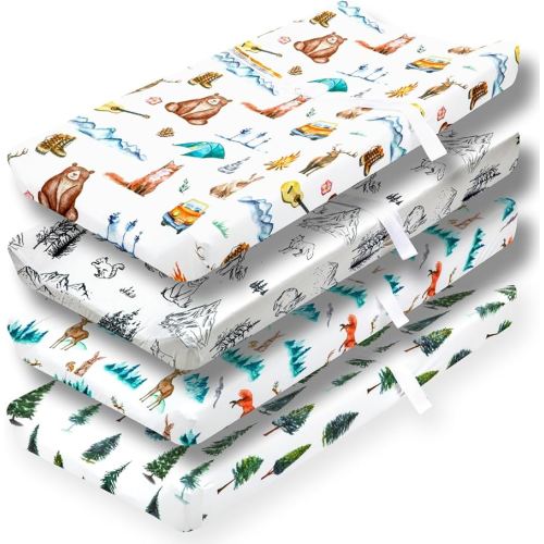 4 Pack Changing Pad Covers Woodland Forest Animals Wood Neutral Unisex Fitted Baby Changing Pad Cover Set for Baby Boys or Girls