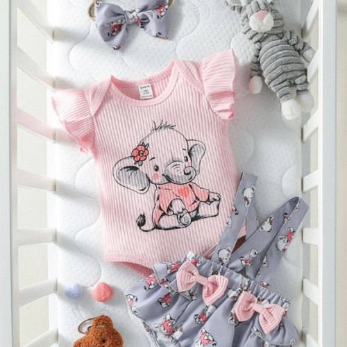 SHEIN Baby Girl Cartoon Graphic Ruffle Trim Bodysuit & Bow Front Suspender Shorts & Headband