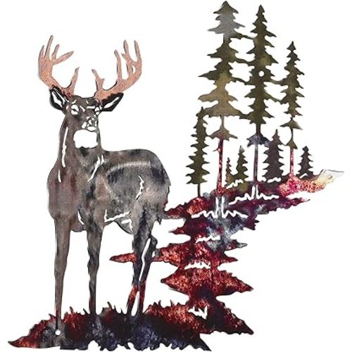 Forest Tree Deer Wall Art Metal Rustic Hunting Decor for Living Room Bedroom Bathroom Indoor Outdoor, 11.8 x 7.9 Inch (Bright Color)