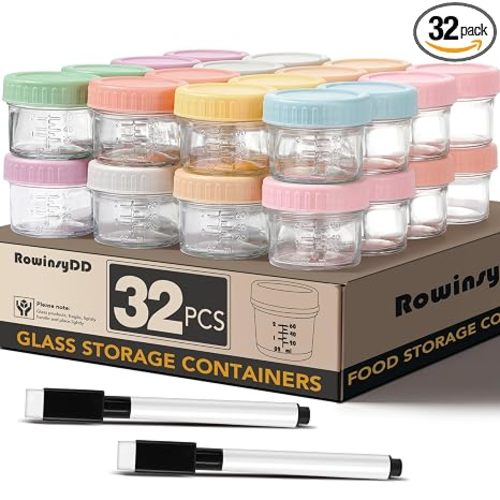 RowinsyDD 32 Pack Baby Food Containers, 4 oz Glass Baby Food Jars with Lids