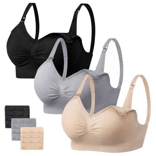 Angelhood Womens Seamless Sleep Nursing Bra,Breastfeeding Maternity Bra with Remove Bra Pads Extenders Pack of 3