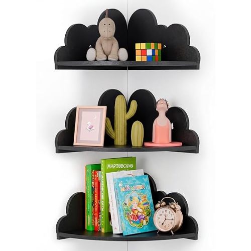 Black Cloud Floating Corner Shelves - Set of 3 Cloud Corner Wall Shelves for Kid’s Room, Black Floating Shelf Nursery Wall Deor,Small Cute Clouds Dispaly Shelf for Toys,Plants&Storage.