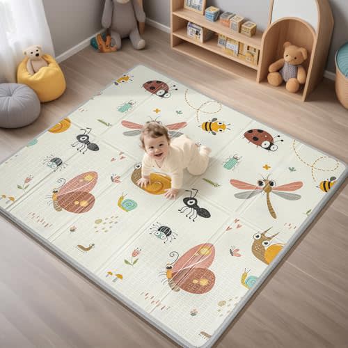 Foldable Baby Play Mat, PIGLOG Waterproof Playmats for Babies and Toddlers Kids, Safe Foam Playmat for Tummy Time, 50x50 Playpen Mat, Reversible Portable Baby Floor Mat for Infant, Toddler, Dragonfly