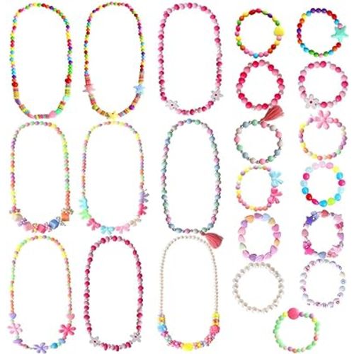 ONESING 22 Pcs Toddler Costume Jewelry Gift Princess Necklace Bracelet Set Girls Play Jewelry Kit Necklace Bracelet for Kids Play Dress Up