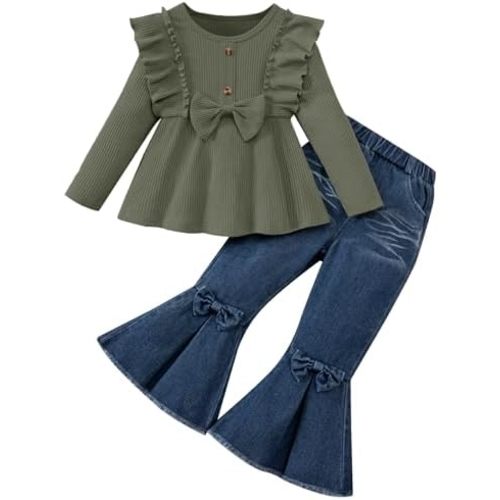 Toddler Girl Clothes Solid Color Ruffle Bowtie Top and Flare Pants Headband 3Pcs Winter Baby Girl Outfits