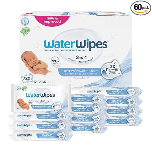 WaterWipes Sensitive+ Newborn & Baby Wipes, 3-In-1 Cleans, Cares, Protects, 99.9% Water, Unscented & Hypoallergenic, 720 Count (12 Packs)