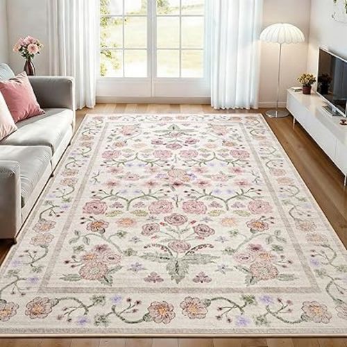 Maxsoft Large Area Rugs for Living Room Bedroom, 5x7 Washable Floral Area Rugs, Non-Slip and Stain Resistant Soft Throw Indoor Carpet for Dining Room Office Kitchen Dorm Home Decor, Pink
