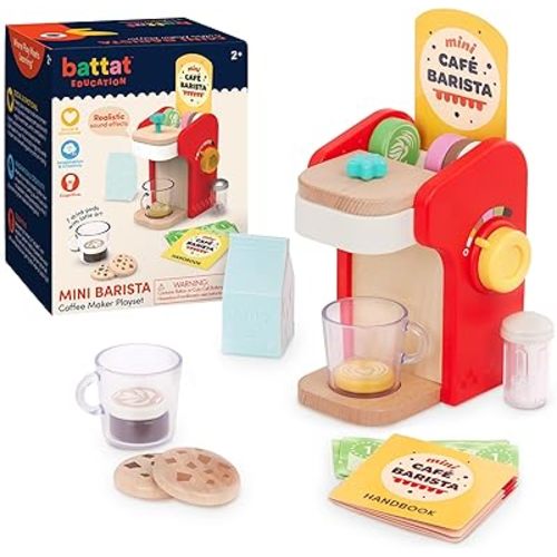 Battat Education – Wooden Barista Playset – Toy Coffee Maker & Accessories with Realistic Sounds(22 Pieces) – Pretend Play Toy – Play Kitchen Toys – 2 Years + – Mini Barista