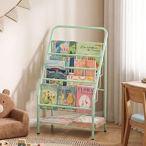 JAQ Green Kids Bookshelf, 4-Tier Metal Book Display Rack for Small Space, Child-Safe Forward Facing Toddler Bookshelf for Classroom, Nursery & Playroom, Easy-to-Clean Sling Design (28.35" Height)