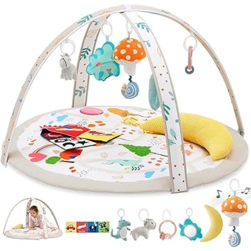 Baby Play Gym & Activity Mat, Soft Tummy Time Mat with 7 Detachable, Activity Gym with Musical, Mirror, Teething Ring, Sensory & Hanging for Newborn to Toddler Gifts