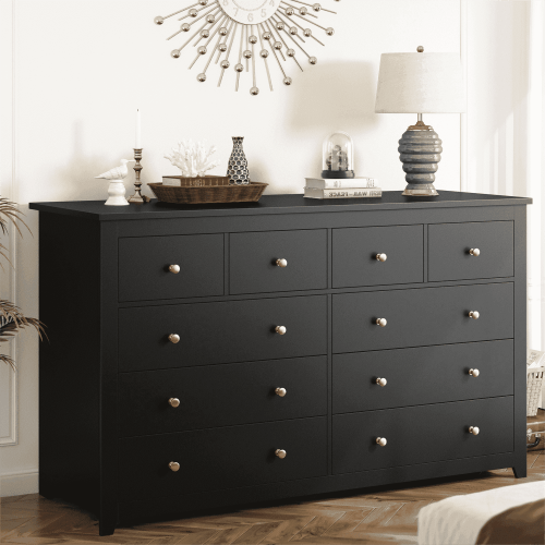 EnHomee Black Dresser for Bedroom 10 Deep Drawers Modern Wood Dressers & Chests of Drawers Wide Dresser with Smooth Metal Rail, Black