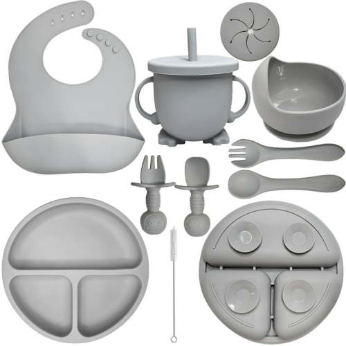 HippoBaby Baby Led Weaning Supplies | 10 Piece Silicone Feeding Set | Baby Toddler Bib Cup Divided Plate and Bowl Self Feeding Spoons Dish Set | Toddler Feeding Supplies (Cloud)