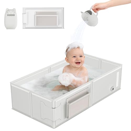 Baby Bathtub, Portable Bathtub with Cat-Patterned Bath Rinse Cup,Foldable Bath Tub for Small Bathroom,Toddler Tub for 6M-5Y,Baby Travel Essentials for Hotel,Camping & Beach