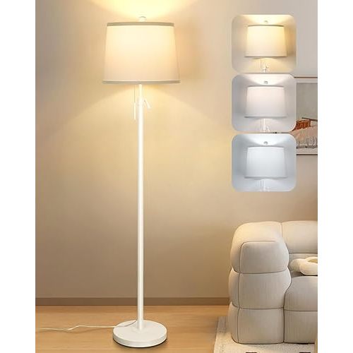 White Floor Lamp for Living Room 55-65" Adjustable Height Modern Standing Lamp with Pull Chain Tall Pole Light with White Shade for Bedroom Reading Office Corner Nursery 9W LED Bulb Included 3 Color