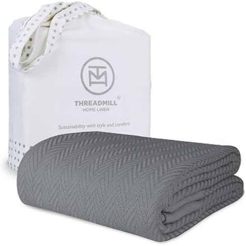 Threadmill Luxury Cotton Blankets for Queen Size Bed | All-Season 100% Cotton Queen Size Blanket | Herringbone Cozy, Soft Breathable Fall Thermal Blanket fits Full Size Bed | Dark Grey