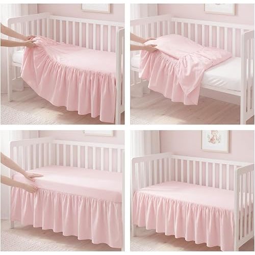 Pink Linen Shirred Crib Skirts for Girls Dust Ruffle Bed Skirts, Fits 28''x 52'' with 14" Drop Crib Bedding Skirt for Girls Boys Nursery Toddler